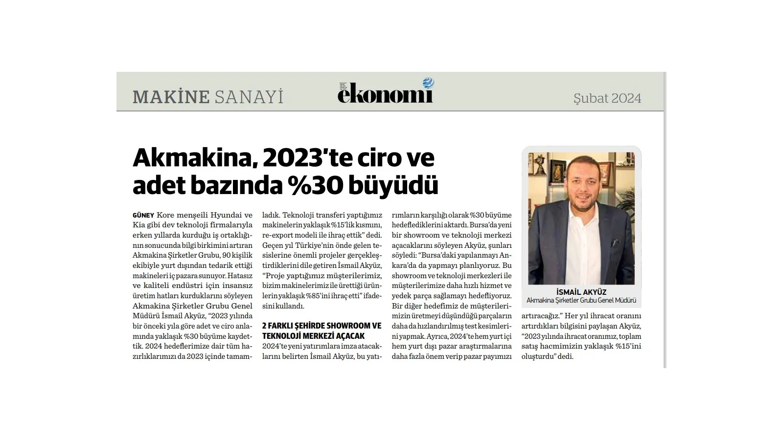 Ekonomi Gazetesi Makine Sanayi eki — Akmakina %30 büyüme haberi